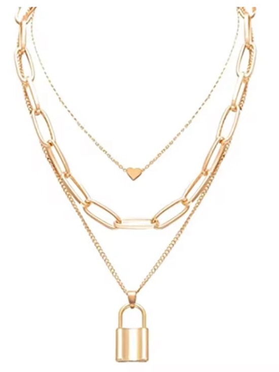 Fashion Jewelry Jewelry - GOLD PLATED LOCK CHAIN PENDANT LAYERED NECKLACE